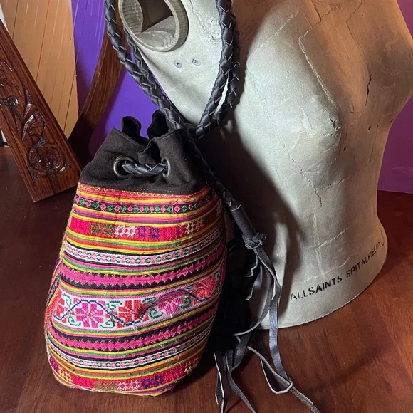 Anthropologie Jadetribe Bucket Festival bag NWT Eliz Vegan Boho Handmade Rare OM - Picture 5 of 15